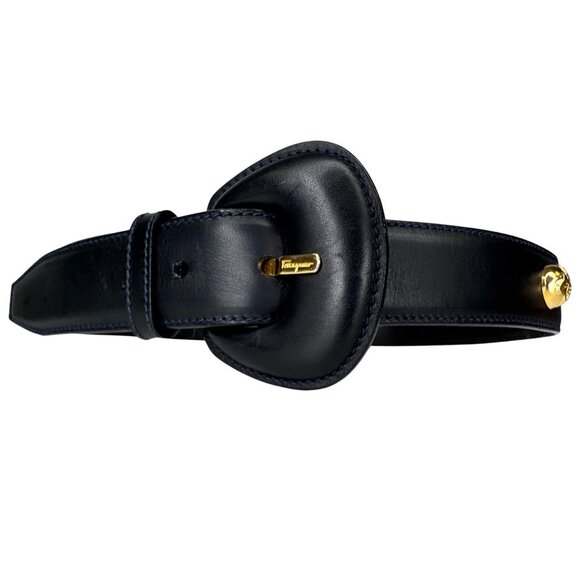 Vintage Salvatore Ferragamo Dark Blue Leather 72.5 Cm Skinny Belt Gold - Picture 1 of 7